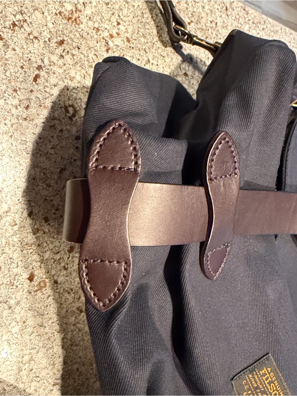 Filson Navy Duffel Bag with Brown Leather Trim and Brass Hardware - Picture 4 of 5
